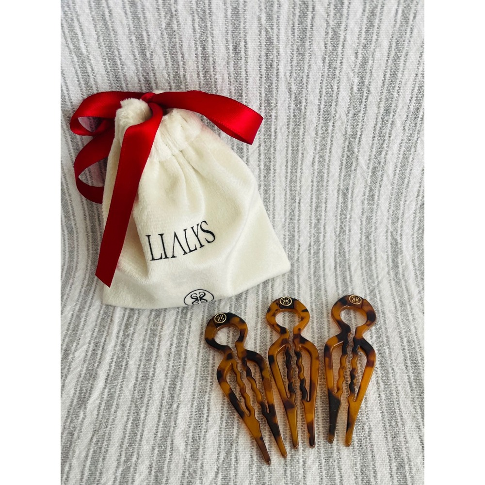 LIALYS Tortoise Shell Hair Pin Set of 3 Brown Amber Hair Forks with Pouch